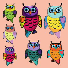 Set of Cute Owl, cartoon drawing(hipster symbol series)