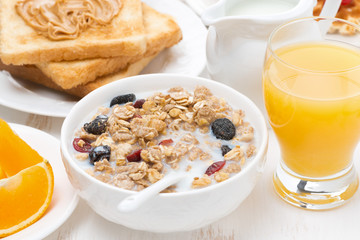 muesli with milk, toast with peanut butter and juice