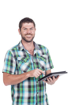 Deaf or hearing impaired man with tablet