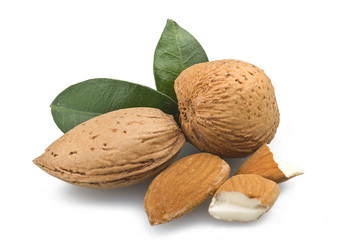 Almonds group close up on the white