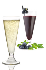 Blueberry juice with fruit  and champagne on white