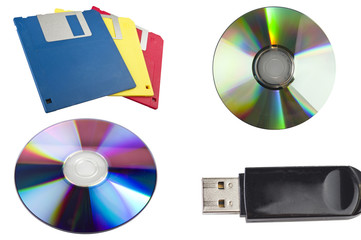 USB ,dvd,cd,floppy disk close up on white background