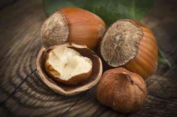 Hazelnuts group close up on the wooden table