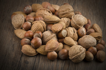 Nuts mix close up on the wood table