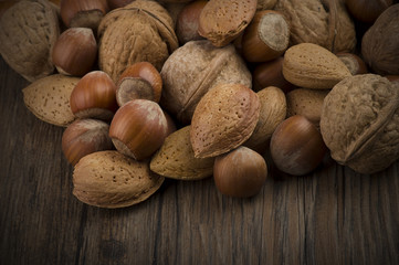 Nuts mix close up on the wood table
