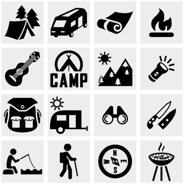 Camping vector icon set on gray