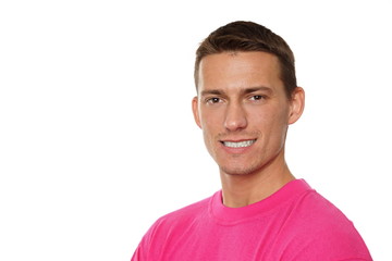 Portrait of young man at pink shirt, left you can write text