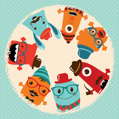 Fototapeta premium Hipster Retro Monsters Card Illustration, Banner, Background
