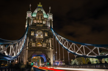 Fototapeta na wymiar Tower Bridge at NIght with Light Trails left by Passing Cars