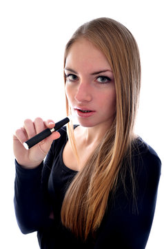 happy woman smoking e-cigarette