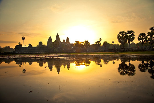 Famous Angkor Wat temple in sunrice,  Cambodia.