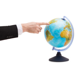 businessman pointing finger to earth globe