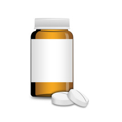 An empty glass bottle with pills , illustration