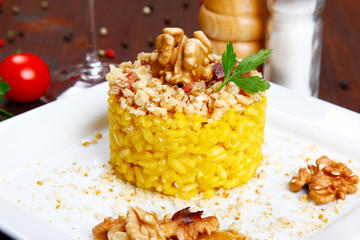 risotto with walnuts, saffron, speck