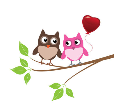 vector owls with red heart balloon