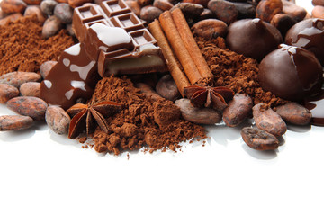 Composition of chocolate sweets, cocoa and spices, isolated