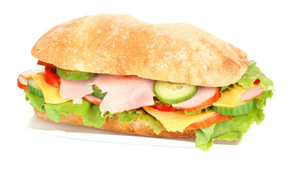 Fresh and tasty sandwich with ham and vegetables isolated