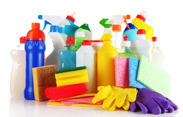 Different kinds of house cleaners and colorful sponges, gloves