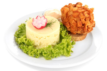 Chicken Kiev on croutons with mashed potatoes, isolated on