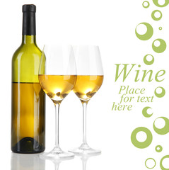 Wine bottle and wineglasses with white wine, isolated on white