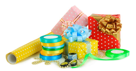 Materials and accessories for wrapping gifts isolated on white