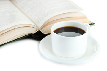 Cup of coffee and book isolated on white