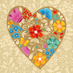 Large ocher heart with flowers on a light seamless background.