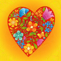 Large red heart with flowers on a bright seamless background.