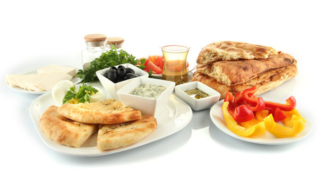 Traditional Turkish breakfast isolated on white