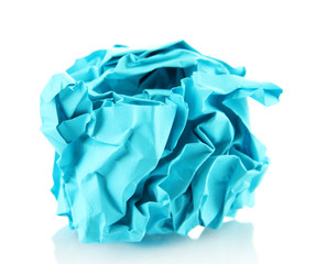 Blue crumpled paper ball isolated on white