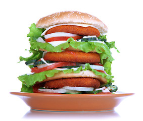 Huge burger on color plate, isolated on white
