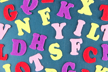English alphabet on school desk background
