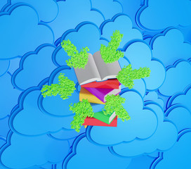 Stack of multicolored books with open book and green arrows befo