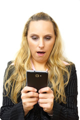 surprised beautiful businesswomanl with smartphone