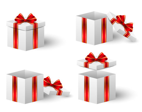 Set of gift boxes with red ribbon