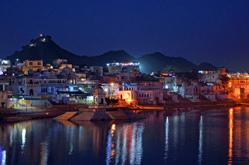 Pushkar Lake at night in India