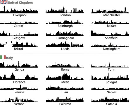 Fototapeta Italy and United Kingdom citiies skylines silhouettes vector set