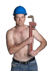 male with naked torso, bue helmet  and wrench