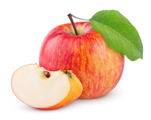 Red yellow apple with green leaf and slice isolated on white