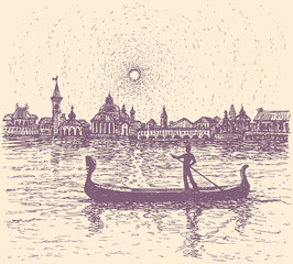 Vector sketch. Gondolier floats on a gondola in Venice © Marina