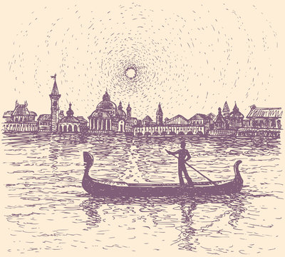 Fototapeta Vector sketch. Gondolier floats on a gondola in Venice