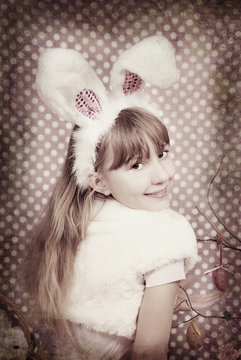 vintage easter bunny girl with funny ears in sepia