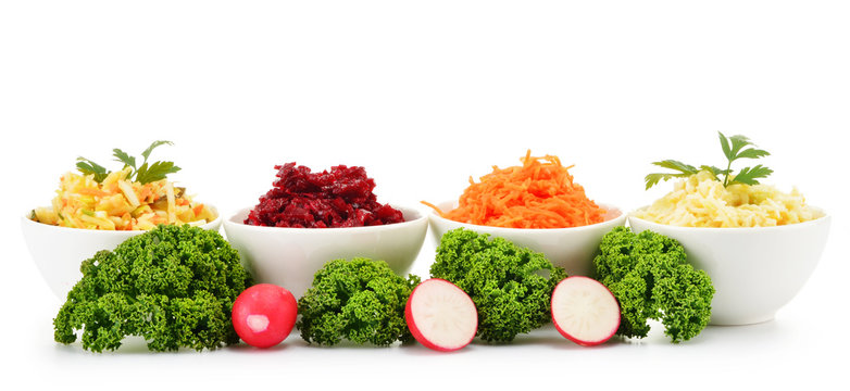 Composition with four vegetable salad bowls