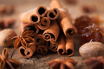 Obraz na płótnie Canvas spices cinnamon anise nutmeg rock sugar