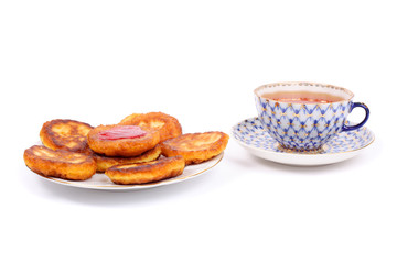 Thick pancakes and tea