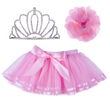 Collage of pink skirt for girl, crown and hair bow
