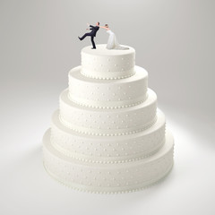 Funny ironic wedding cake, groom escapes wife topping