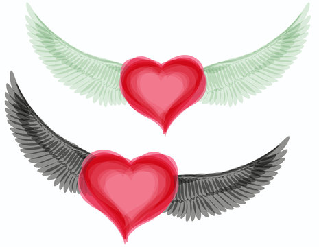 Vector good and evil hearts with wings