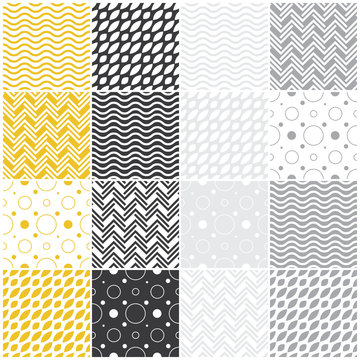 geometric seamless patterns: polka dots, waves, chevron