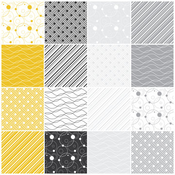 geometric seamless patterns: dots, waves, stripes